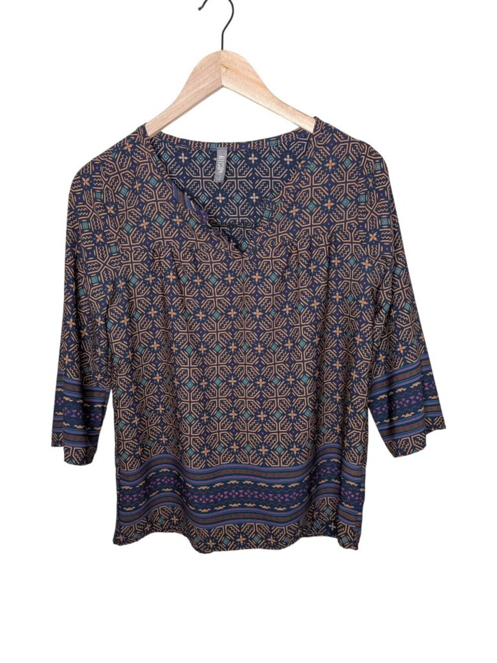 Allison Joy Evereve Womens Geometric Print Boho Navy V-Neck Blouse Size Small